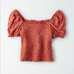 American Eagle Red Puff Sleeve Smocked Top